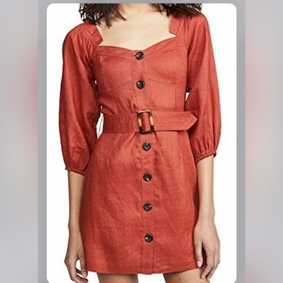 Suboo Rising Sun Button Front Linen Mini Dress brick red - Picture 6 of 13